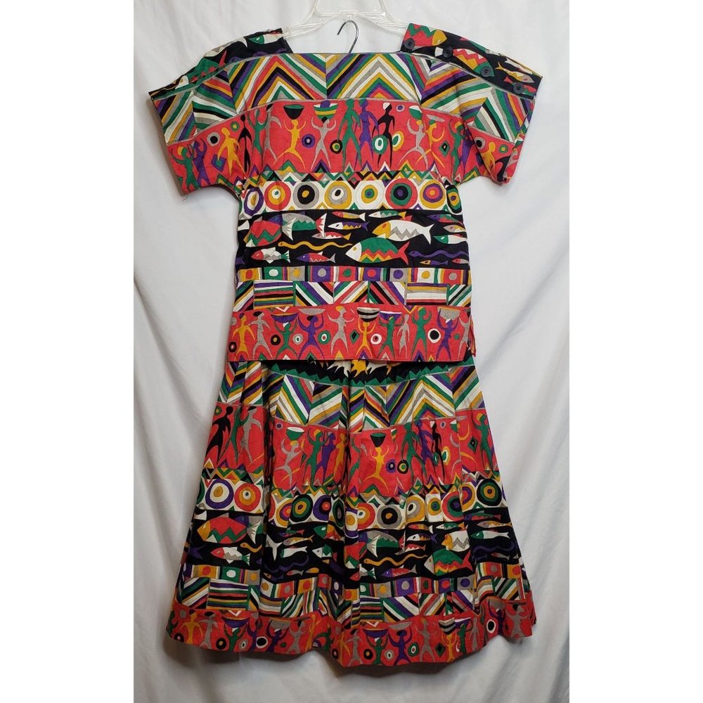 Vintage Skirt Blouse 2 PIece Outfit Prophecy Petites Multicolor African Print Si